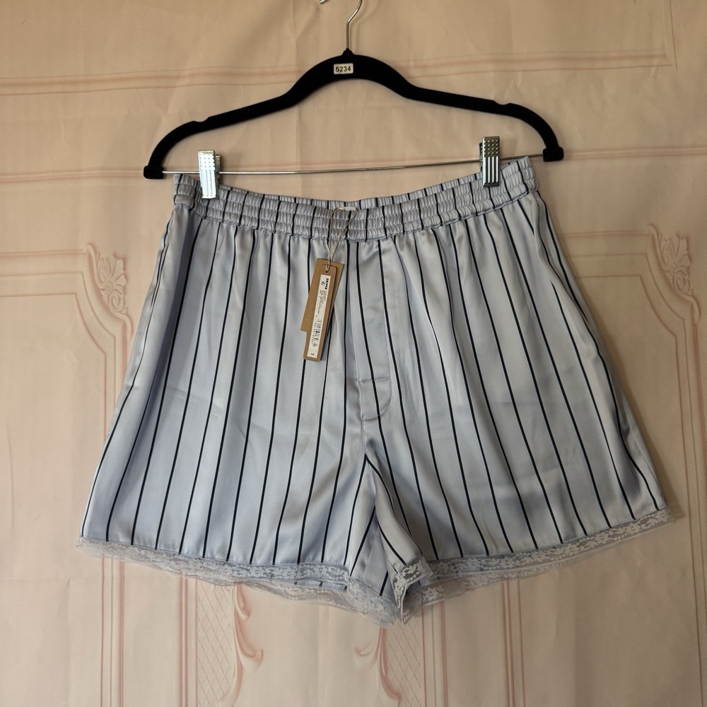 Skims Woven Shine Short With Lace Periwinkle Wide Stripe Blue Size Small NWT $58